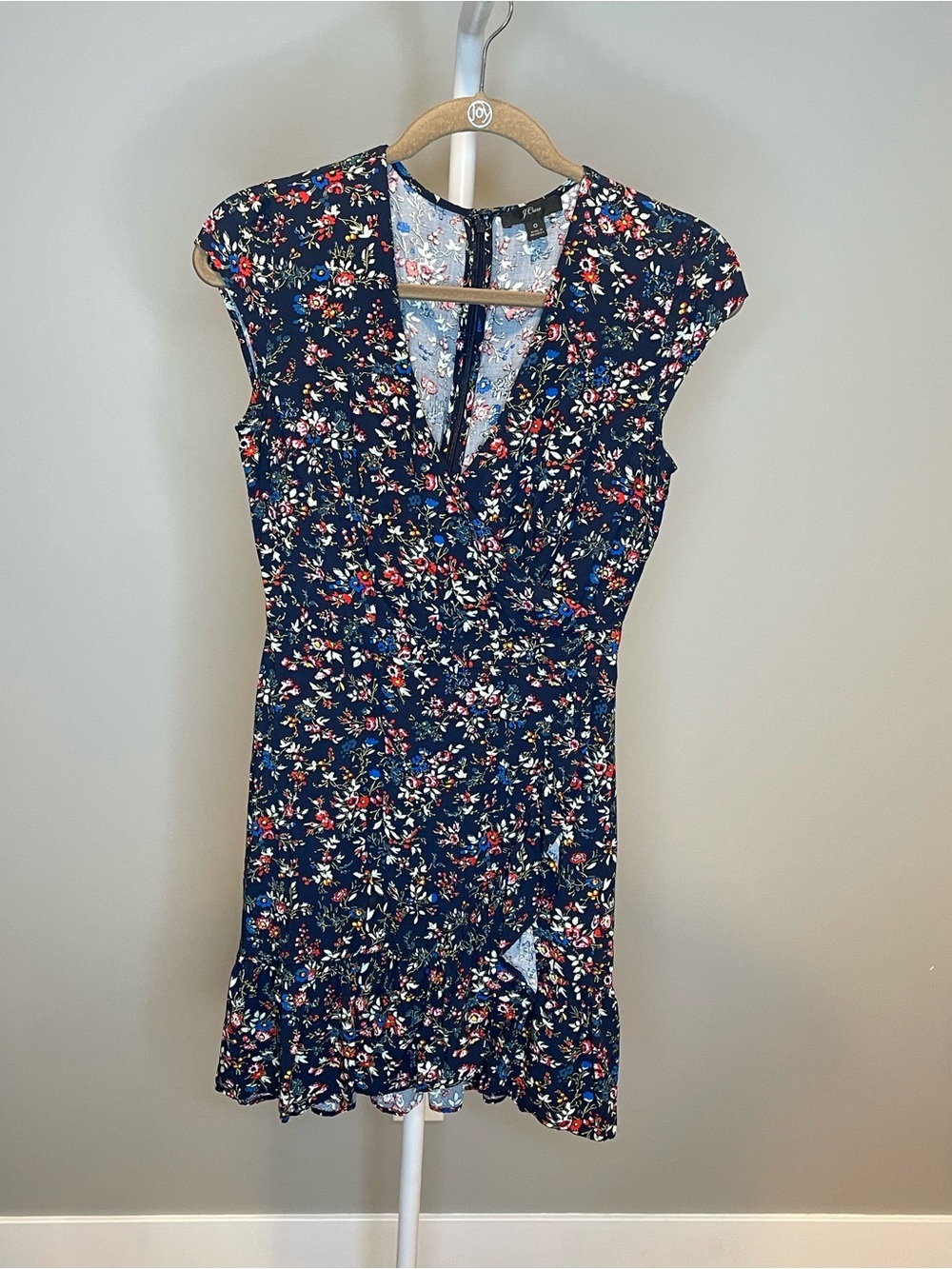 J. Crew Navy Floral Wrap-Style Cottagecore Mini Dress w Ruffle Hem - Size 0